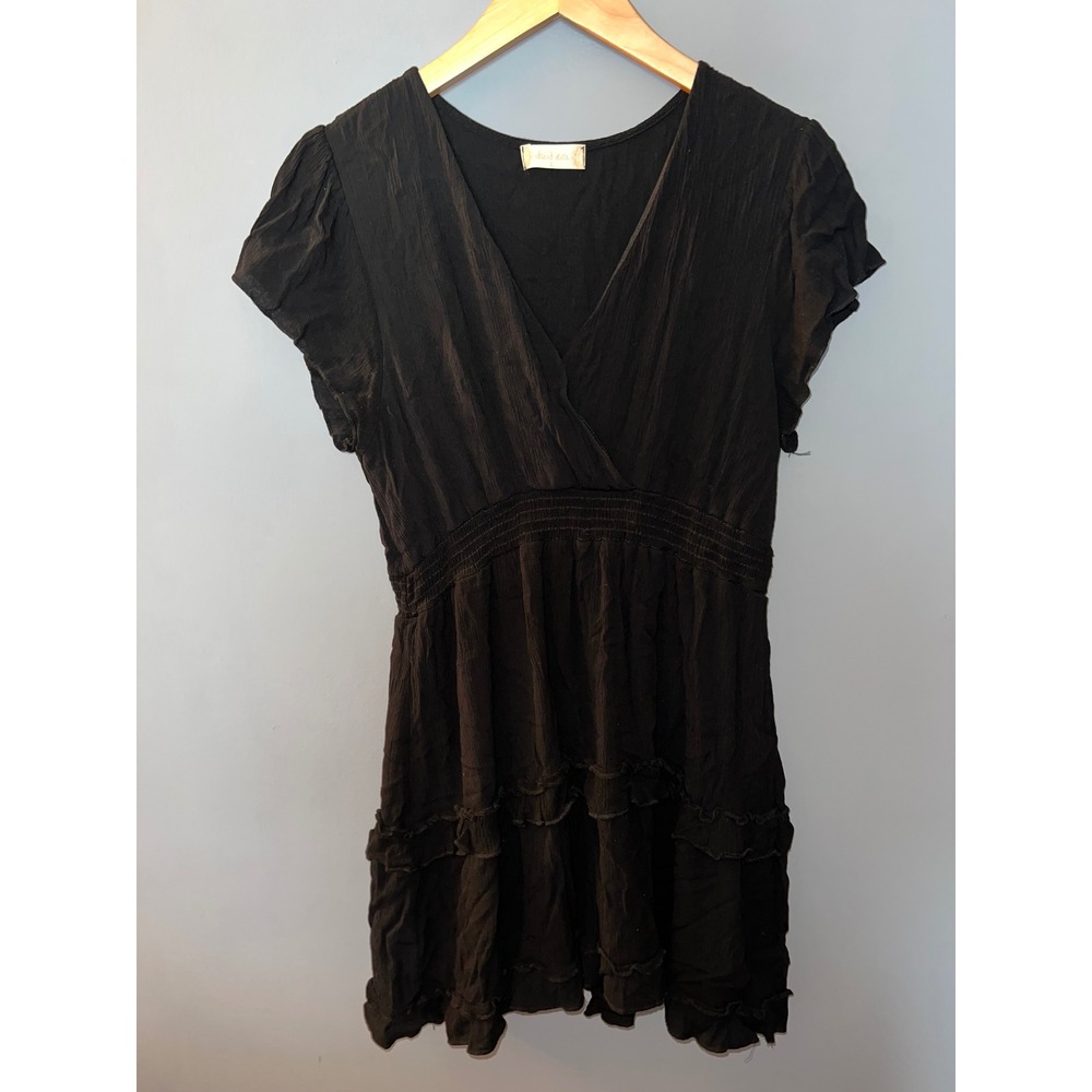 Altar'd State Black Smocked Waist Tiered Ruffle Mini Dress V-Neck Large